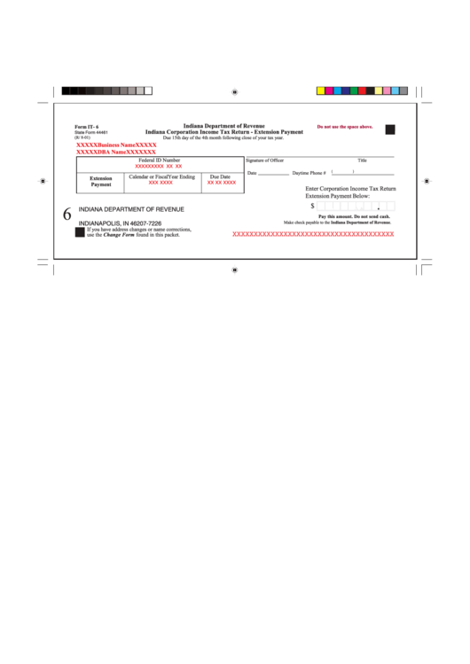Form It-6 - Indiana Corporation Income Tax Return - Extension Payment Printable pdf