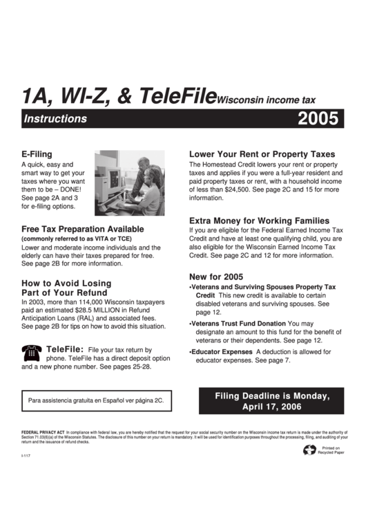 1a, Wi-Z, & Telefile Wisconsin Income Tax Instructions Printable pdf