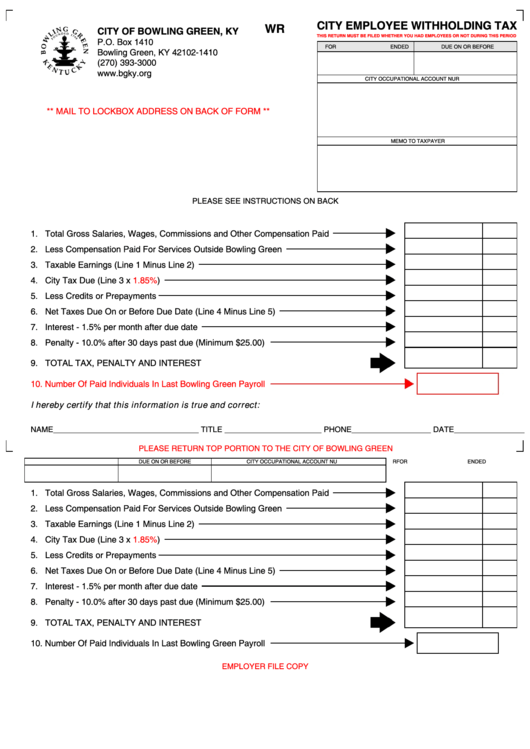 Fillable City Employee Withholding Tax - City Of Bowling Green Printable pdf