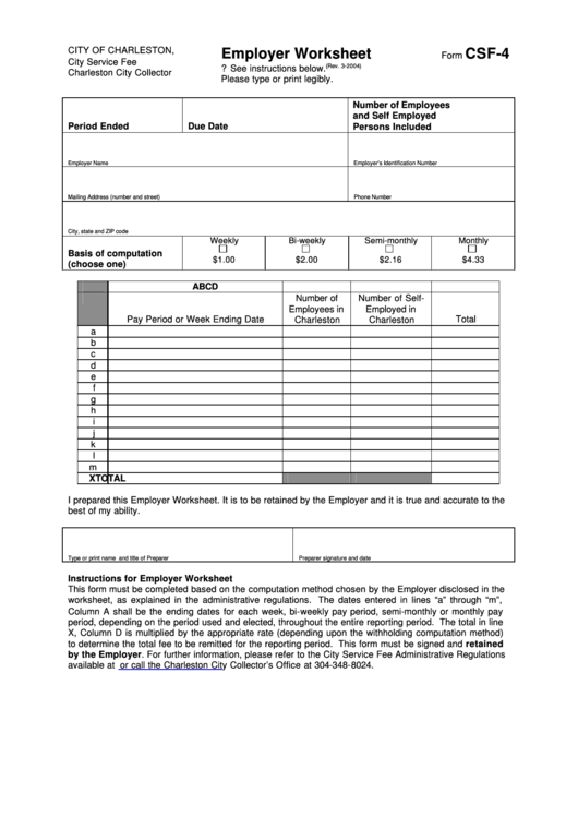 Form Csf-4 - Employer Worksheet West Virginia Printable pdf