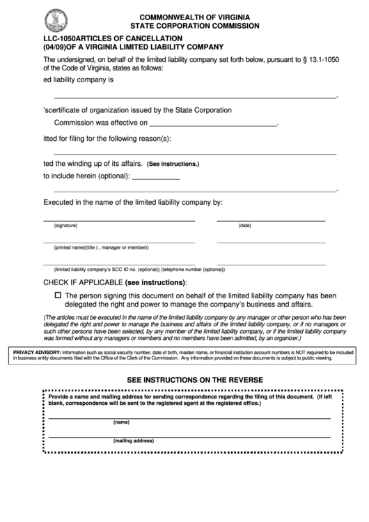 Form Llc-1050 - Articles Of Cancellation Of A Virginia Limited Liability Company Printable pdf