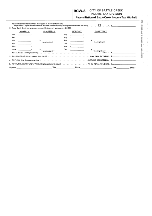 Form Bcw-3 - Reconciliation Of Battle Creek Income Tax Withheld - State Of Michigan Printable pdf