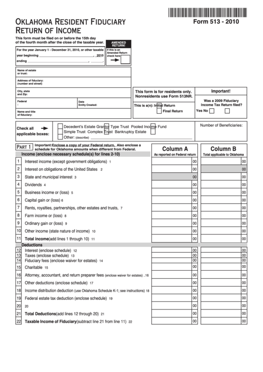 Fillable Form 513 - Oklahoma Resident Fiduciary Return Of Income - 2010 Printable pdf