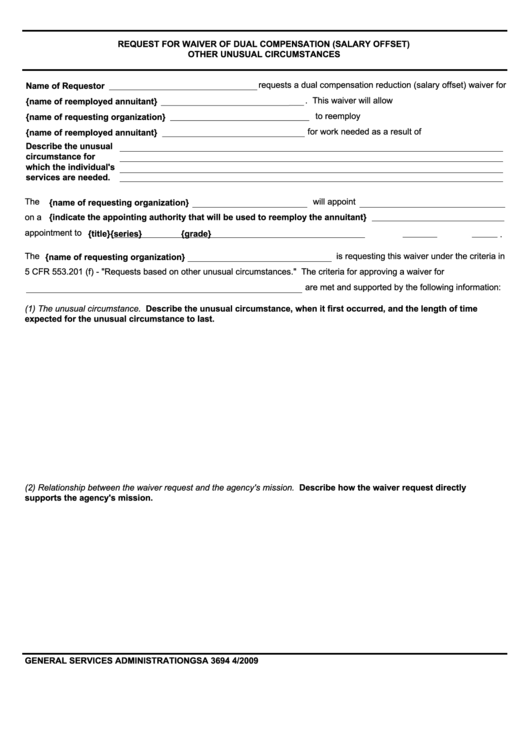 Fillable Form Gsa 3694 - Request For Waiver Of Dual Compensation (Salary Offset) Printable pdf