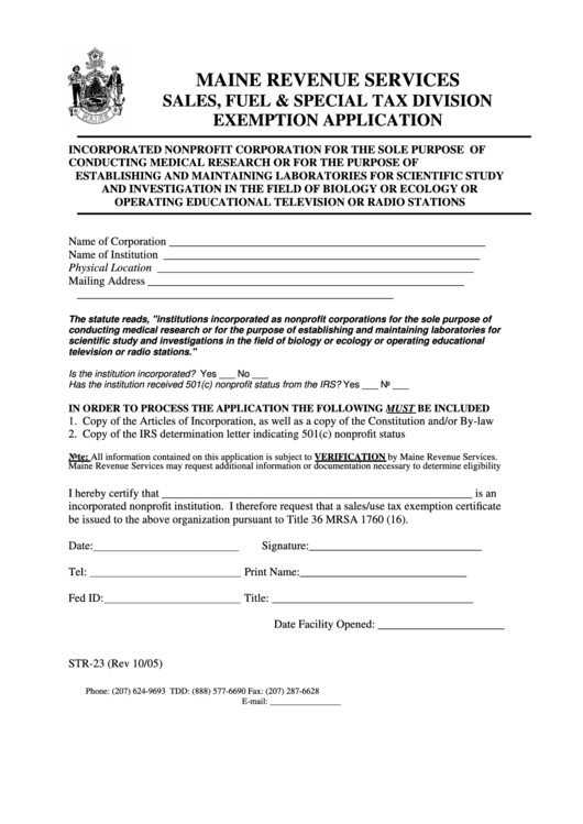 Form Str-23 - Exemption Application Incorporated Nonprofit Corporation For The Purpose Of Conducting Medical Research Printable pdf