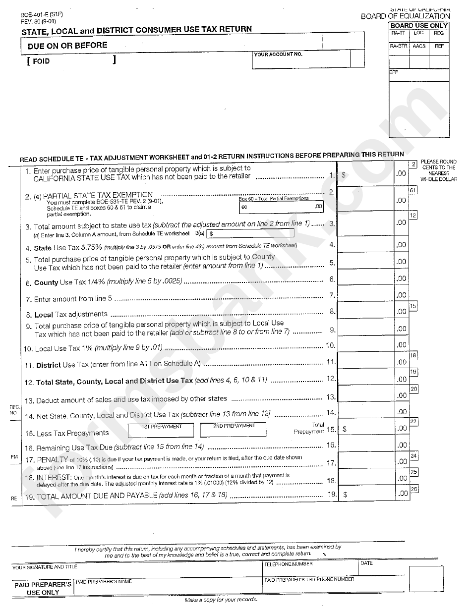 Form Boe-401-E - State, Local And District Consumer Use Tax Return - State Of California