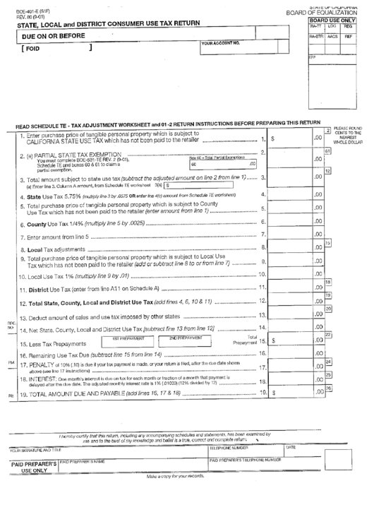 Form Boe-401-E - State, Local And District Consumer Use Tax Return - State Of California Printable pdf