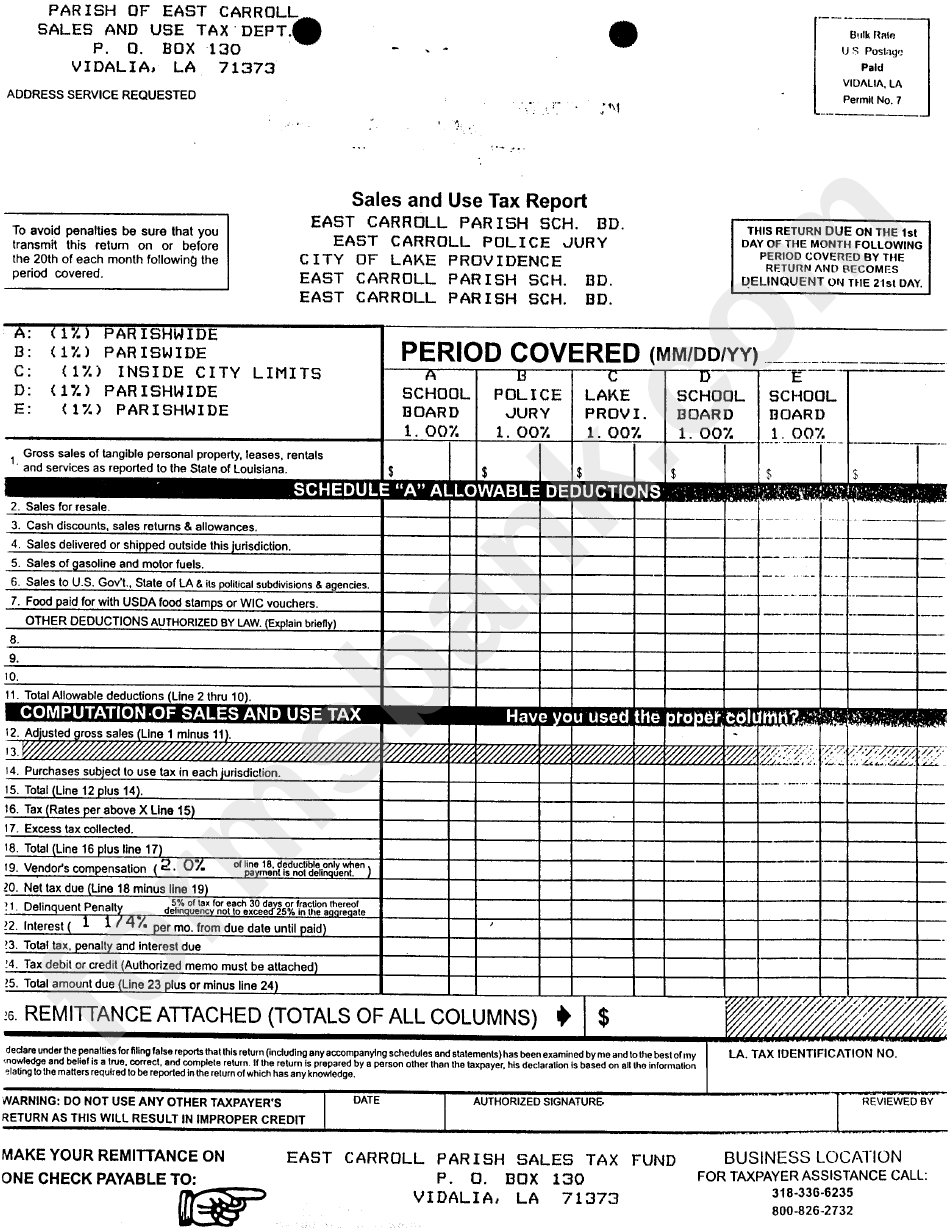 Sales And Use Tax Report Form - State Of Louisiana