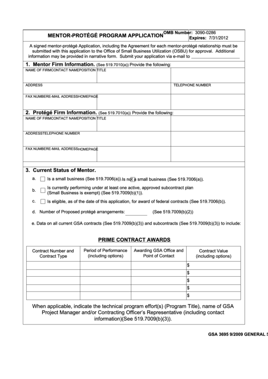 Fillable Form Gsa 3695 - Mentor-Protege Program Application - 2009 Printable pdf