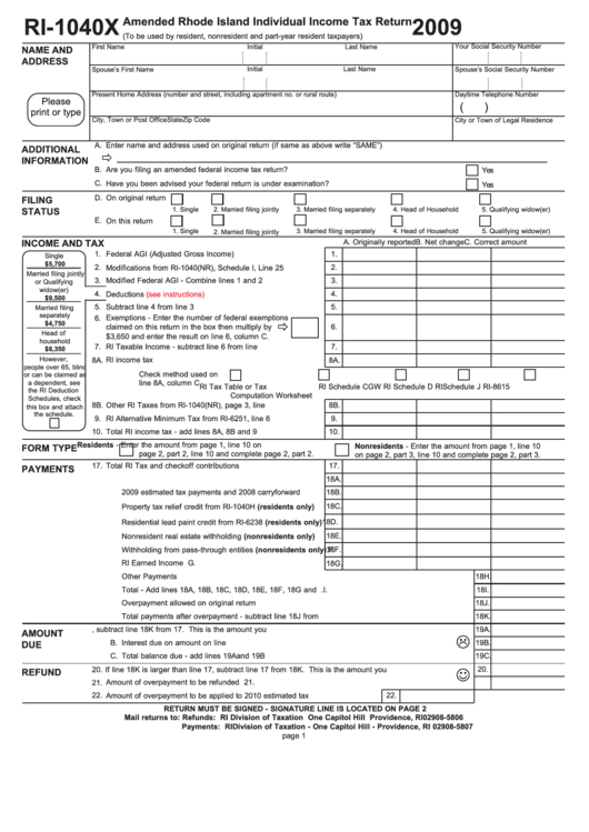 Form Ri-1040x - Amended Rhode Island Individual Income Tax Return - 2009 Printable pdf