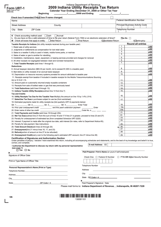 Fillable Form Urt-1 - 2009 Indiana Utility Receipts Tax Return Printable pdf