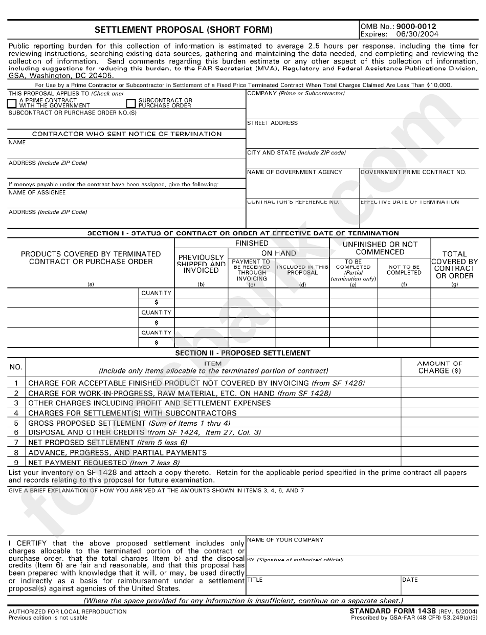 Form 1438 - Settlement Proposal (Short Form) District Of Columbia - Regulatory And Federal Assistance Publications Division