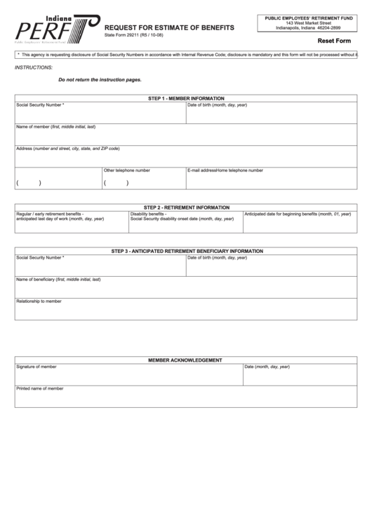 Fillable State Form 29211 - Request For Estimate Of Benefits Printable pdf