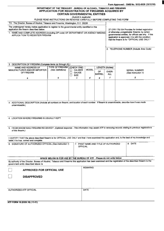 Atf Form 10 - Application For Registration Of Firearms Acquired By Certain Governmental Entities Printable pdf