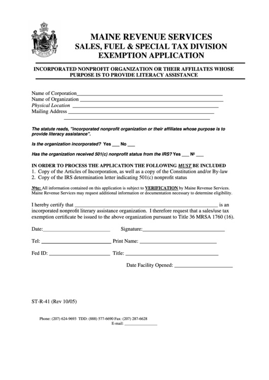 Form St-R-41 - Exemption Application Incorporated Nonprofit Organization Or Their Affiliates Whose Purpose Is To Provide Literacy Assistance Printable pdf