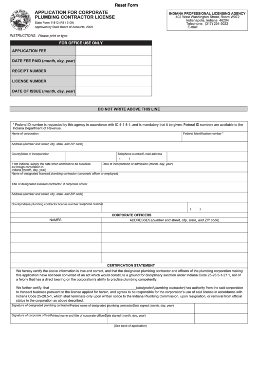 Fillable State Form 11812 - Application For Corporate Plumbing Contractor License - 2009 Printable pdf