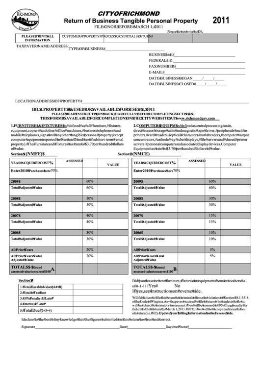 Return Of Business Tangible Personal Property Form - 2011 - City Of Richmond Printable pdf