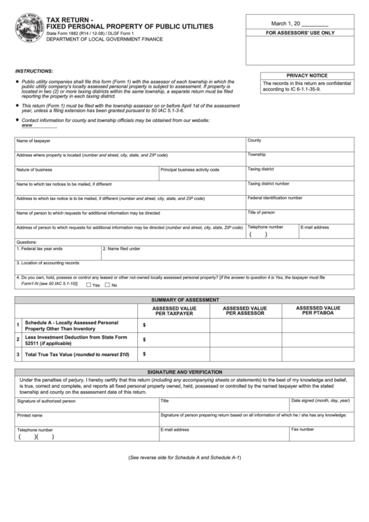 State Form 1882 - Tax Return - Fixed Personal Property Of Public Utilities - 2008 Printable pdf
