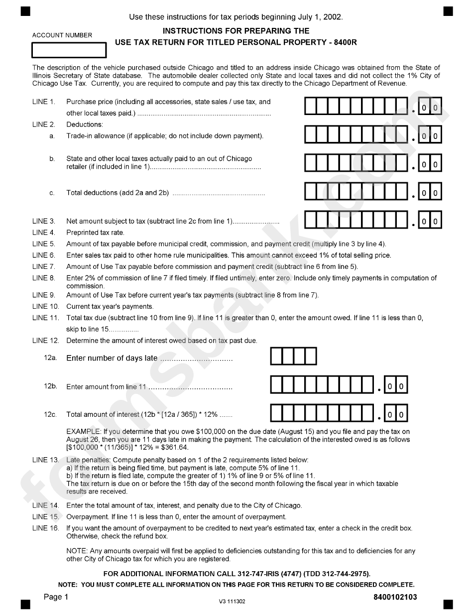 Form 8400r - Use Tax Return For Titled Personal Property - Instructions - Chicago