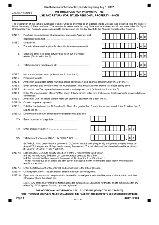 Form 8400r - Use Tax Return For Titled Personal Property - Instructions - Chicago Printable pdf