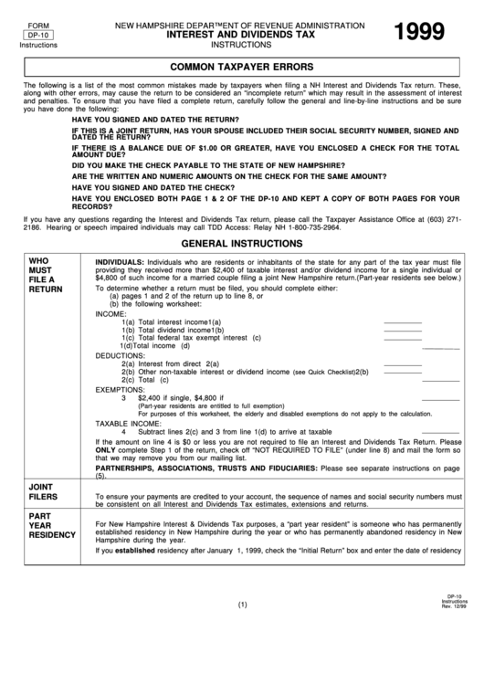 Form Dp-10 - Interest And Dividends Tax Instructions - New Hampshire Department Of Revenue Administration - 1999 Printable pdf