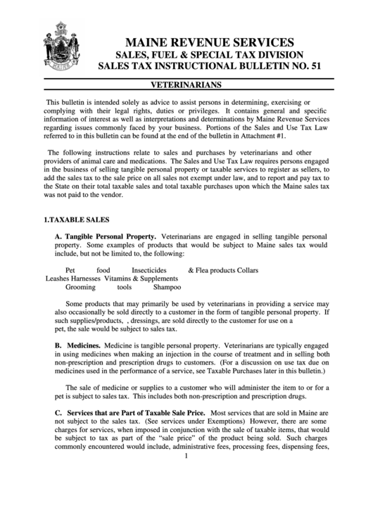 Sales Tax Instructional Bulletin No. 51 - Maine Revenue Services Sales, Fuel & Special Tax Division Printable pdf