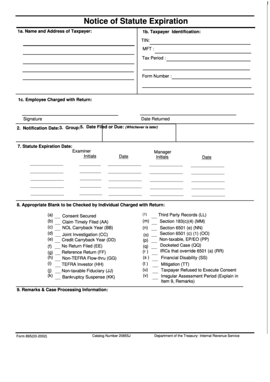 Fillable Form 895 - Notice Of Statute Expiration Printable pdf