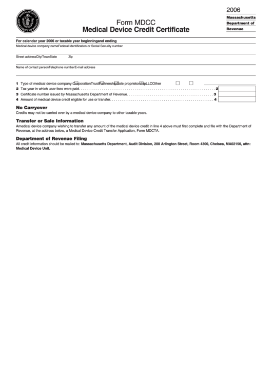 Form Mdcc - Medical Device Credit Certificate 2006 - Massachusetts Department Of Revenue Printable pdf