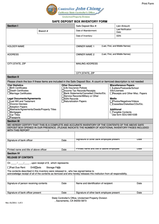 Fillable Safe Deposit Box Inventory Form - State Controller