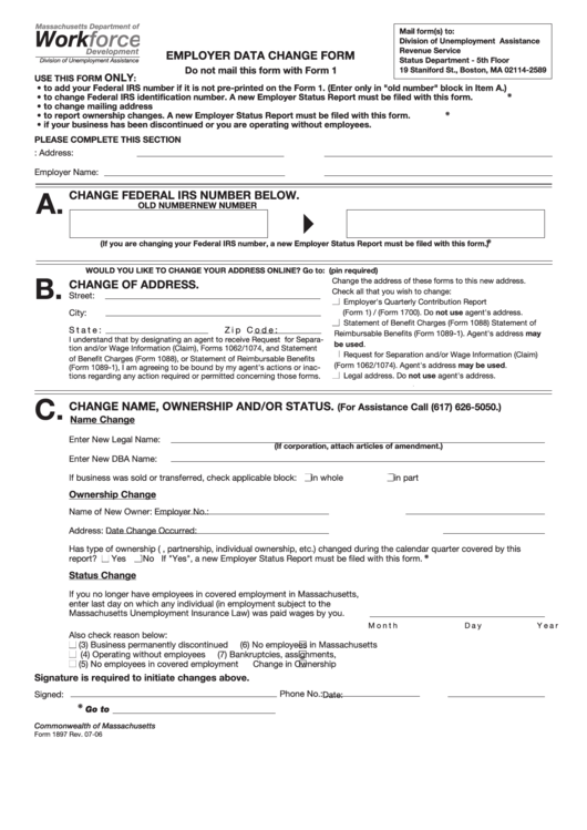Fillable Form 1897 - Employer Data Change Form - Department Of Workforce Development Printable pdf