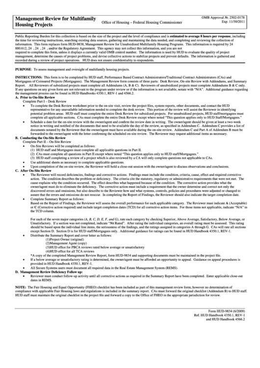 Form Hud9834 Management Review For Multifamily Housing Projects