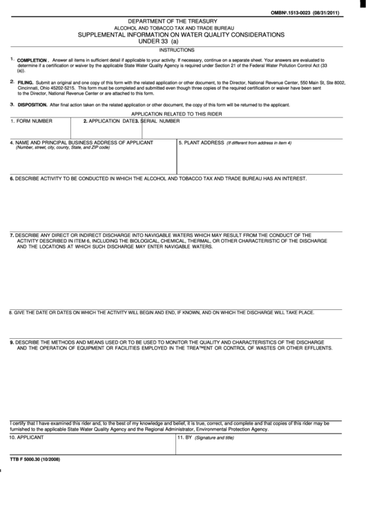 Fillable Form Ttb F 5000.30 - Supplemental Information On Water Quality Considerations Printable pdf