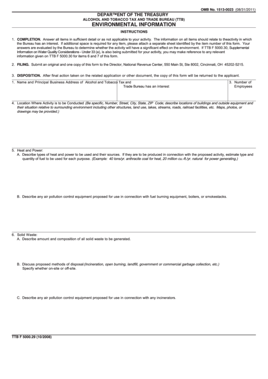 Fillable Form Ttb F 5000.29 - Environmental Information Template - Alcohol And Tobacco Tax And Trade Bureau (Ttb) Printable pdf