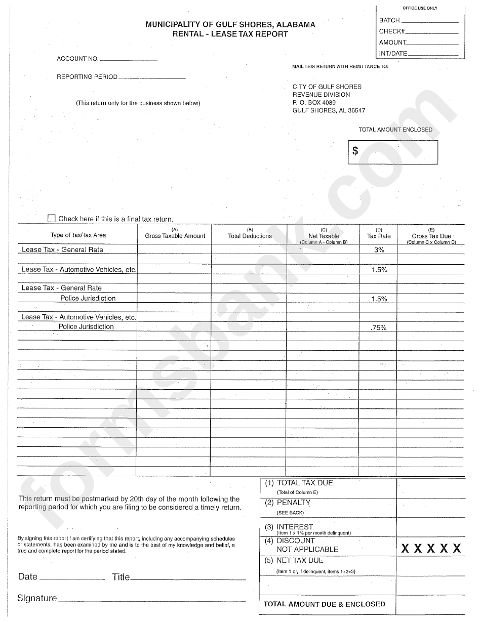 Rental-Lease Tax Report Form - Municipality Of Gulf Shores