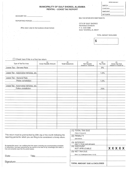 Rental-Lease Tax Report Form - Municipality Of Gulf Shores Printable pdf