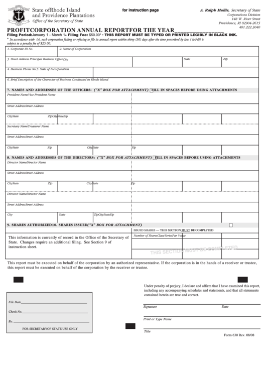 Fillable Form 630 - Profit Corporation Annual Report Printable pdf