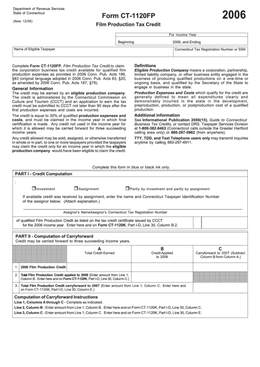 Form Ct-1120fp - Film Production Tax Credit 2006 - Connecticut Department Of Revenue Services Printable pdf