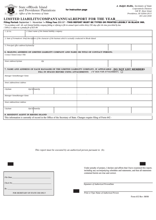 Fillable Form 632 - Limited Liability Company Annual Report Printable pdf
