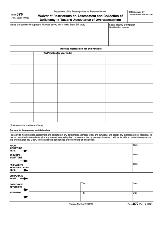 Fillable Form 870 - Waiver Of Restrictions On Assessment And Collection Of Deficiency In Tax And Acceptance Of Overassessment Printable pdf