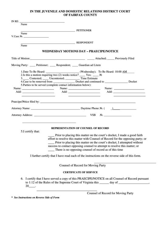 Wednesday Motions Day - Praecipe/notice Form - Fairfax County, Virginia Printable pdf