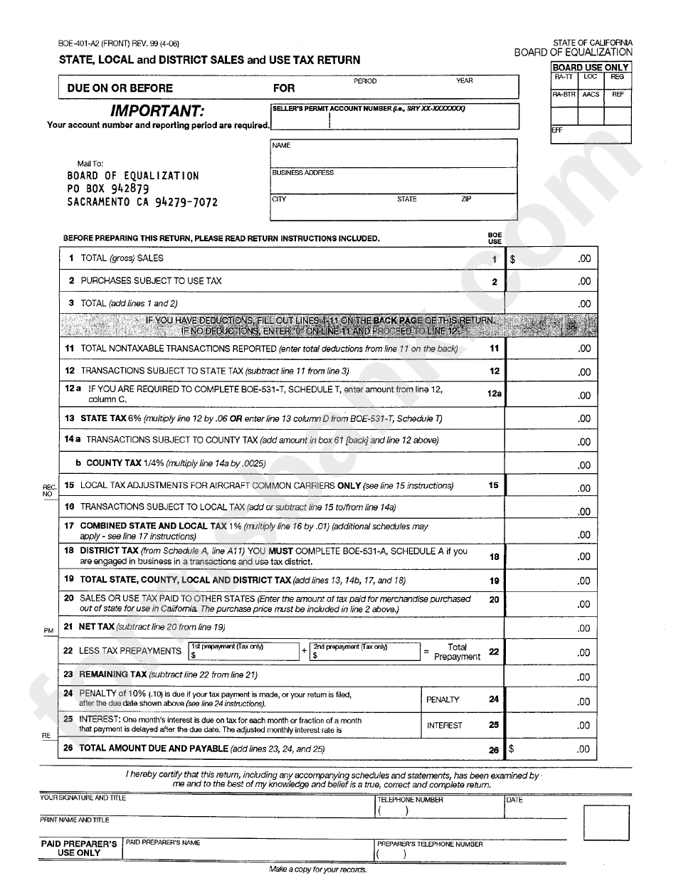 Form Boe-401-A2 - State, Local And District Sales And Use Tax Return