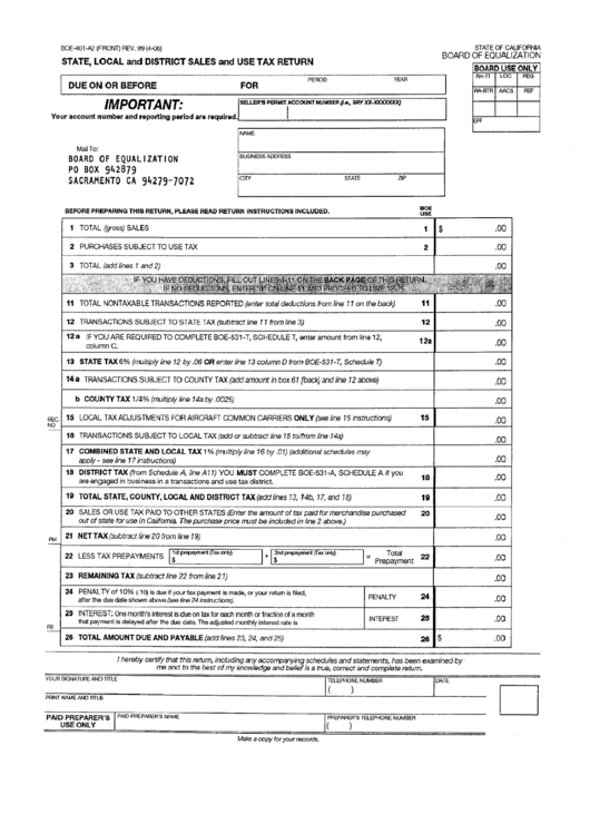 Form Boe-401-A2 - State, Local And District Sales And Use Tax Return Printable pdf