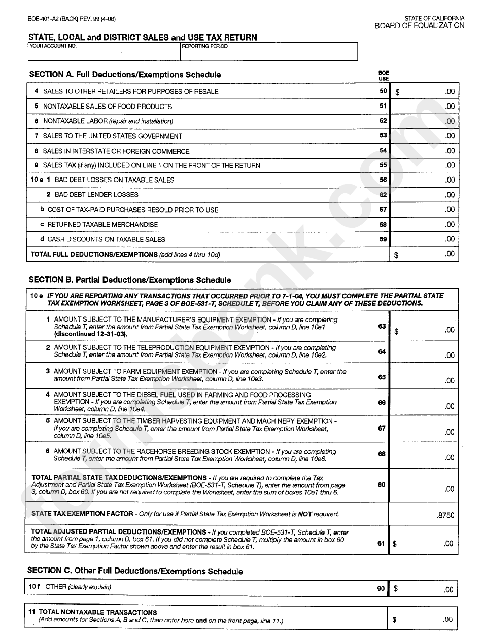 Form Boe-401-A2 - State, Local And District Sales And Use Tax Return