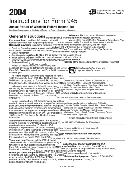 Instructions For Form 945 - Annual Return Of Withheld Federal Income Tax - 2004 Printable pdf