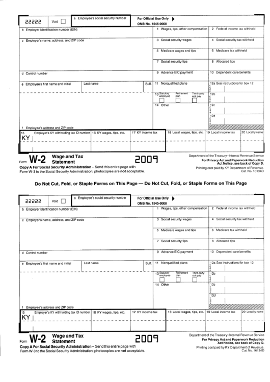 Form W-2 - Wage And Tax Statement - 2009, Form K-2 - Wage And Tax Statement (For Kentucky Department Of Revenue) Printable pdf