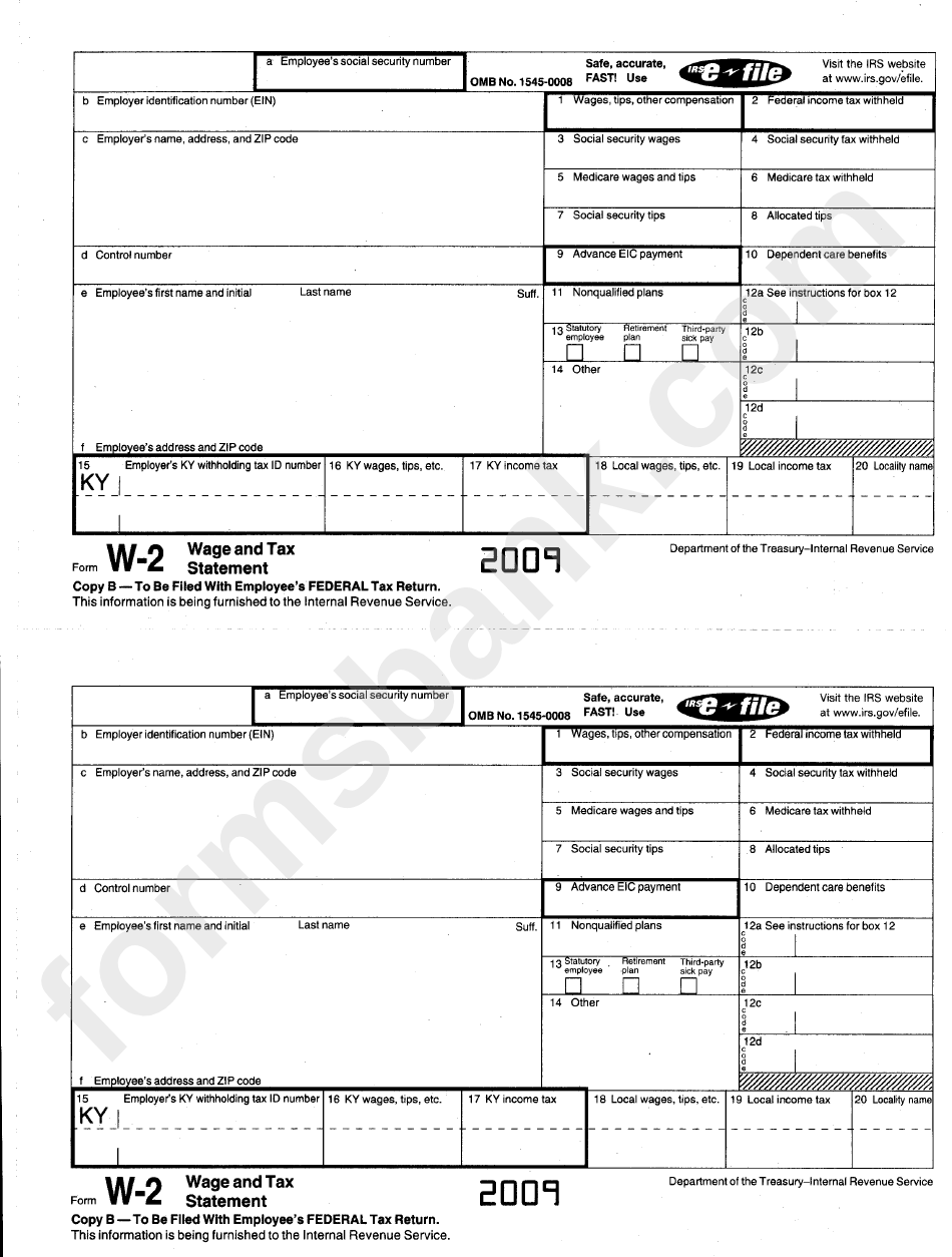 Form W-2 - Wage And Tax Statement - 2009, Form K-2 - Wage And Tax Statement (For Kentucky Department Of Revenue)