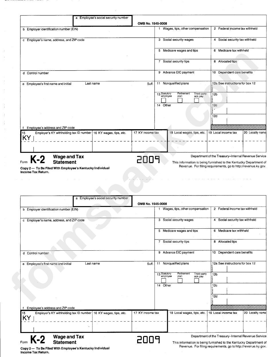 Form W-2 - Wage And Tax Statement - 2009, Form K-2 - Wage And Tax Statement (For Kentucky Department Of Revenue)