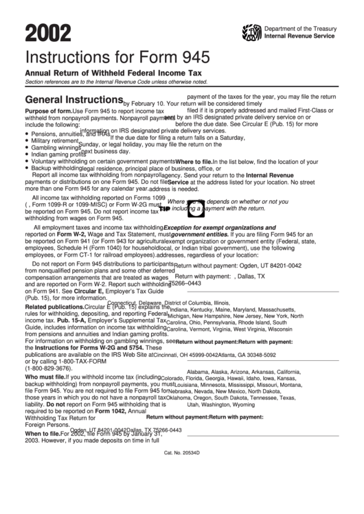 Instructions For Form 945 - Annual Return Of Withheld Federal Income Tax - 2002 Printable pdf