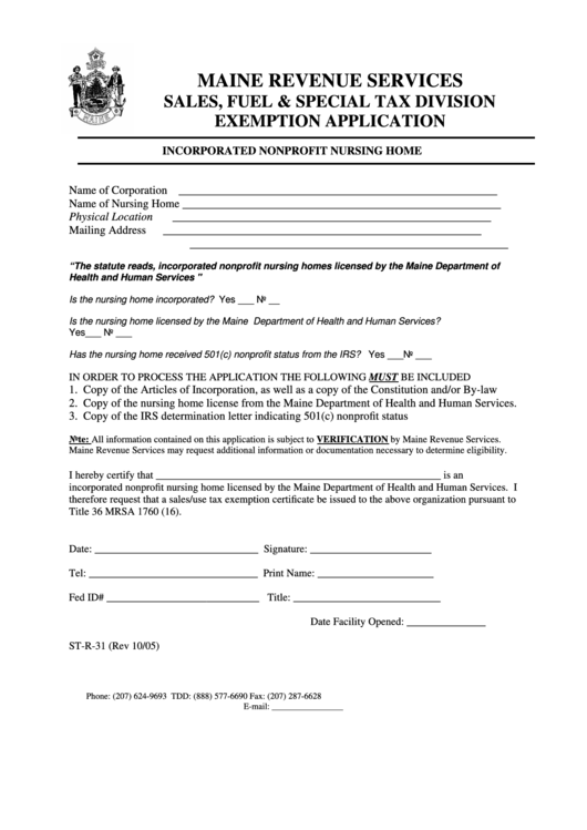 Form St-R-31 - Incorporated Nonprofit Nursing Home Printable pdf