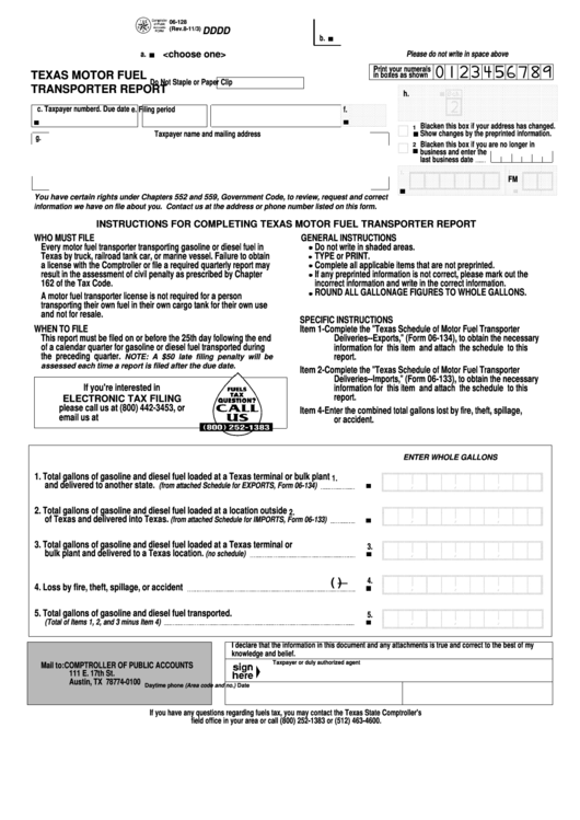 Fillable Form 06-128 - Texas Motor Fuel Transporter Report Printable pdf